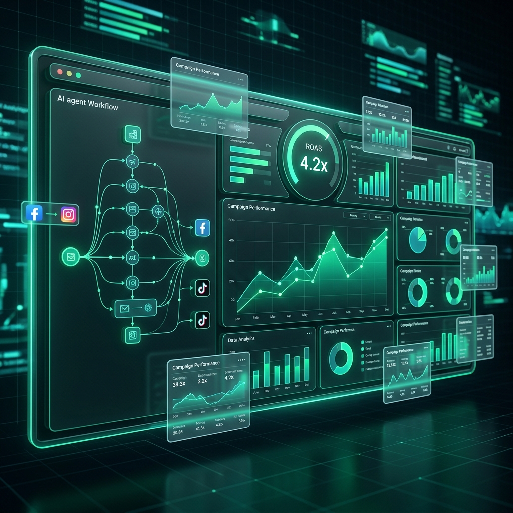 ApexMarketer AI marketing dashboard — real-time campaign analytics, ROAS tracking, and multi-platform publishing
